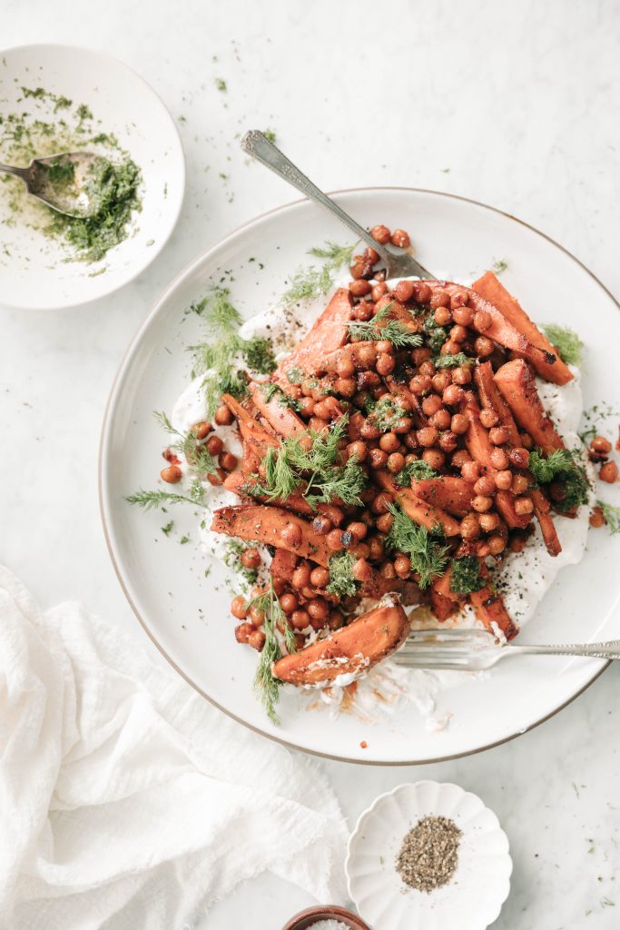 sweet potato chickpea bowl with feta yogurt and herbs_easy to digest foods