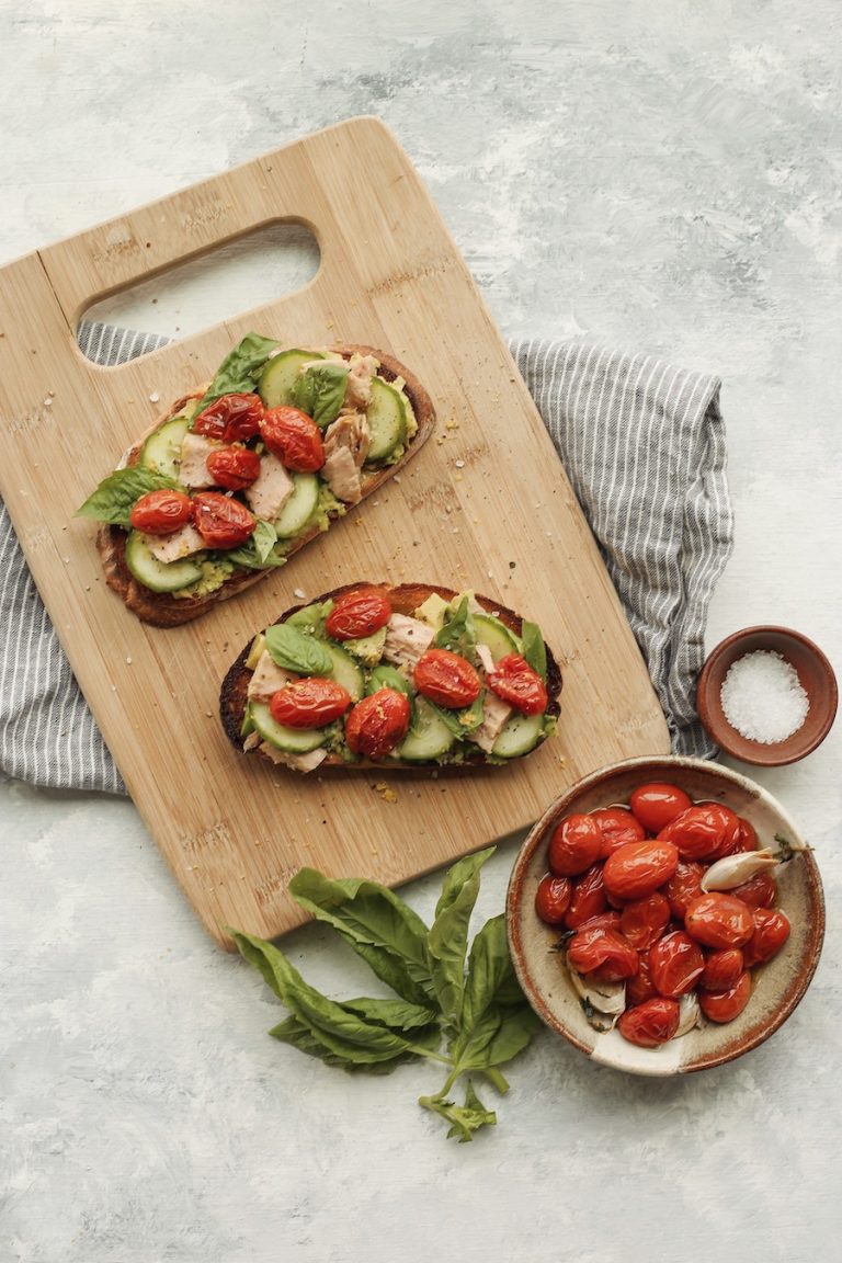 Tuna and Avocado Toast with Oven-Roasted Tomatoes and Pesto