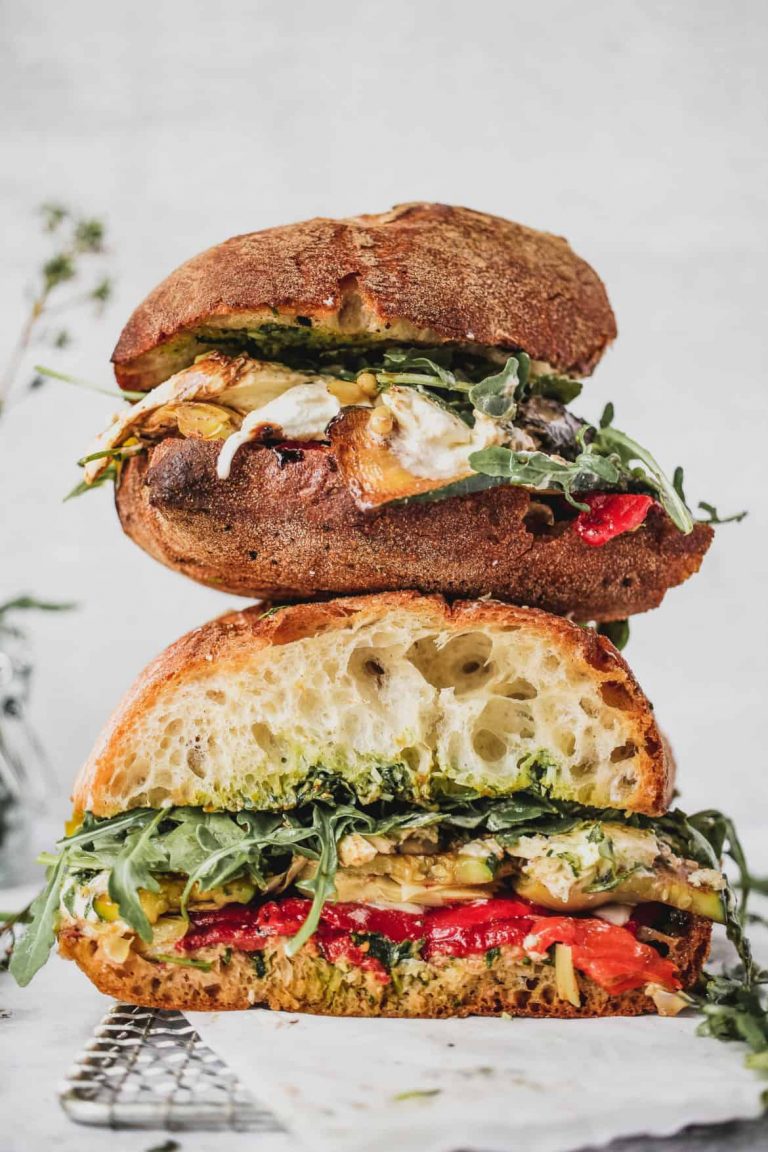 Roasted Vegetable and Burrata Antipasto Sandwich with Tarragon Lemon Basil Pesto_vegetarian sandwich recipes