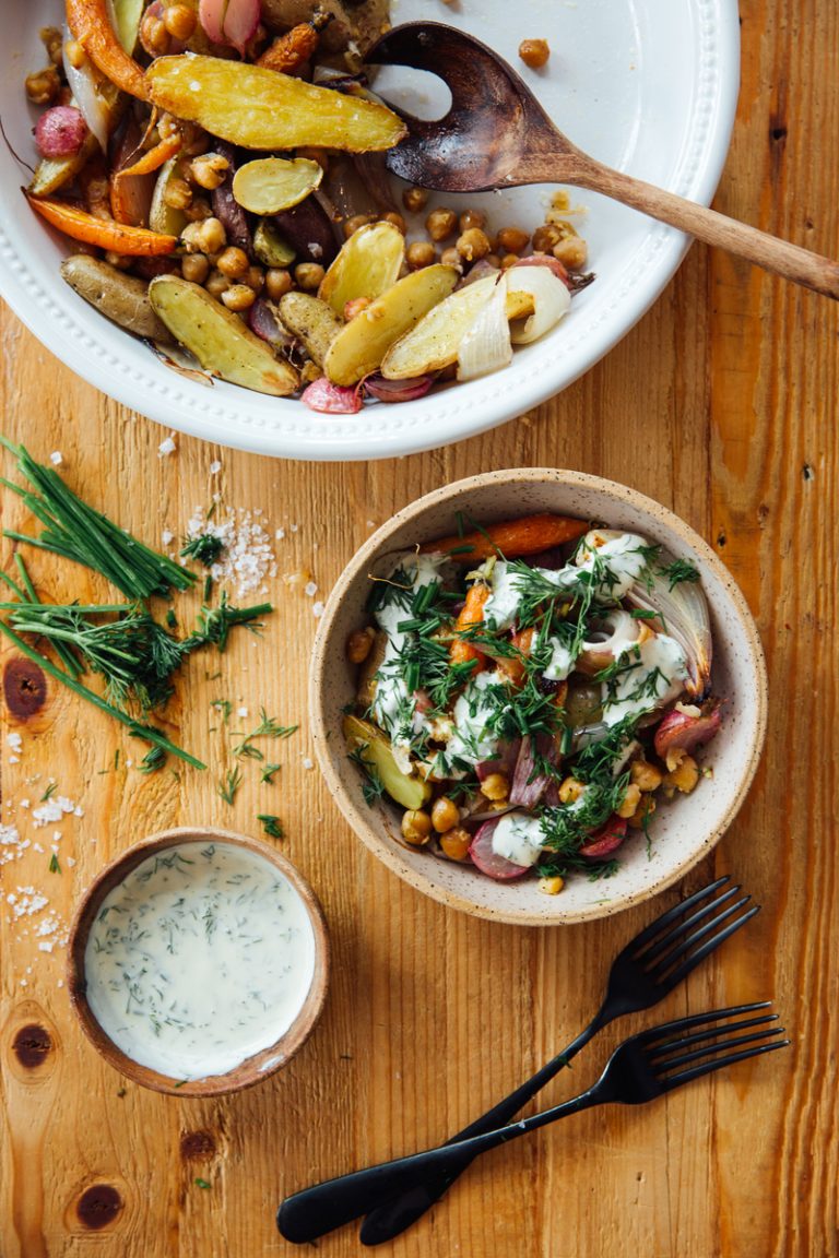 Sheet Pan Spring Veggie Bowl with Yogurt and Herb Dressing_vegetarian spring recipes