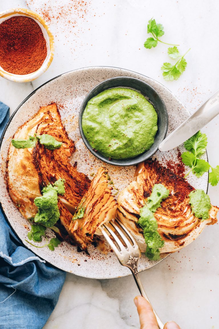 Shawarma roasted cabbage wedges with green chutney