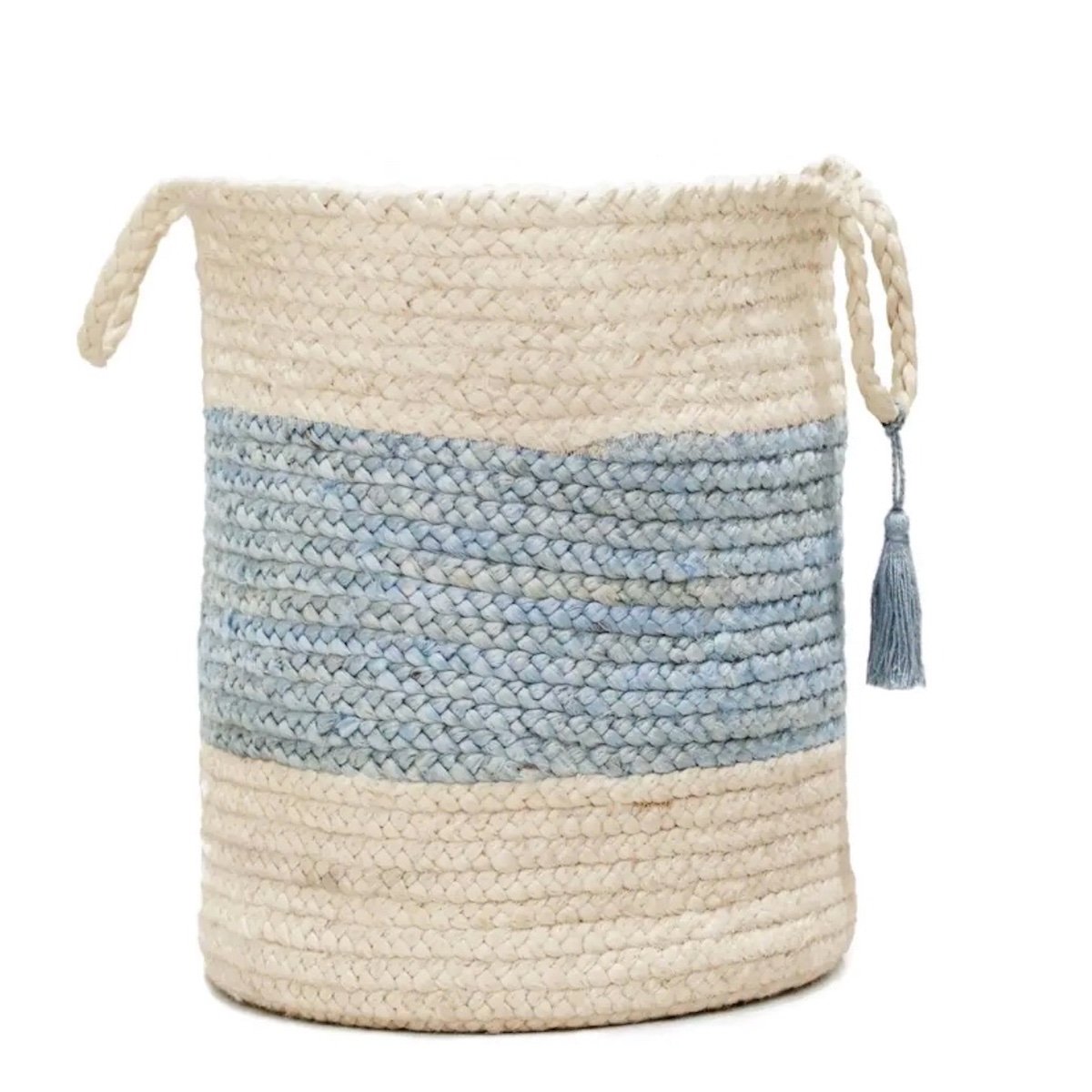 blue and white jute basket