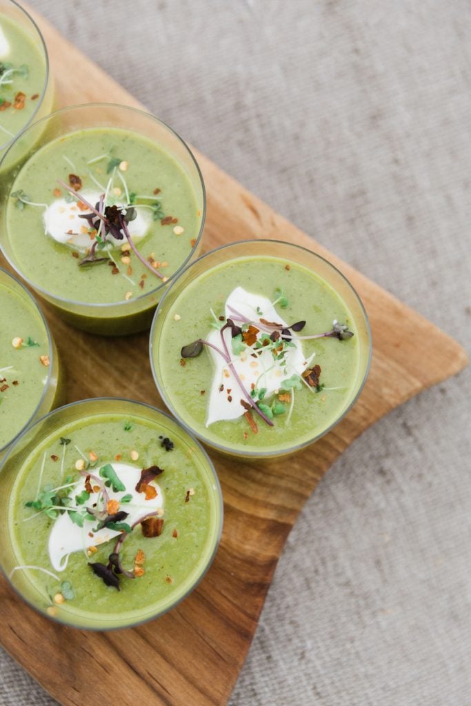 Chilled Pea Soup with Creme Fraiche and Micro Greens_spring soup recipes