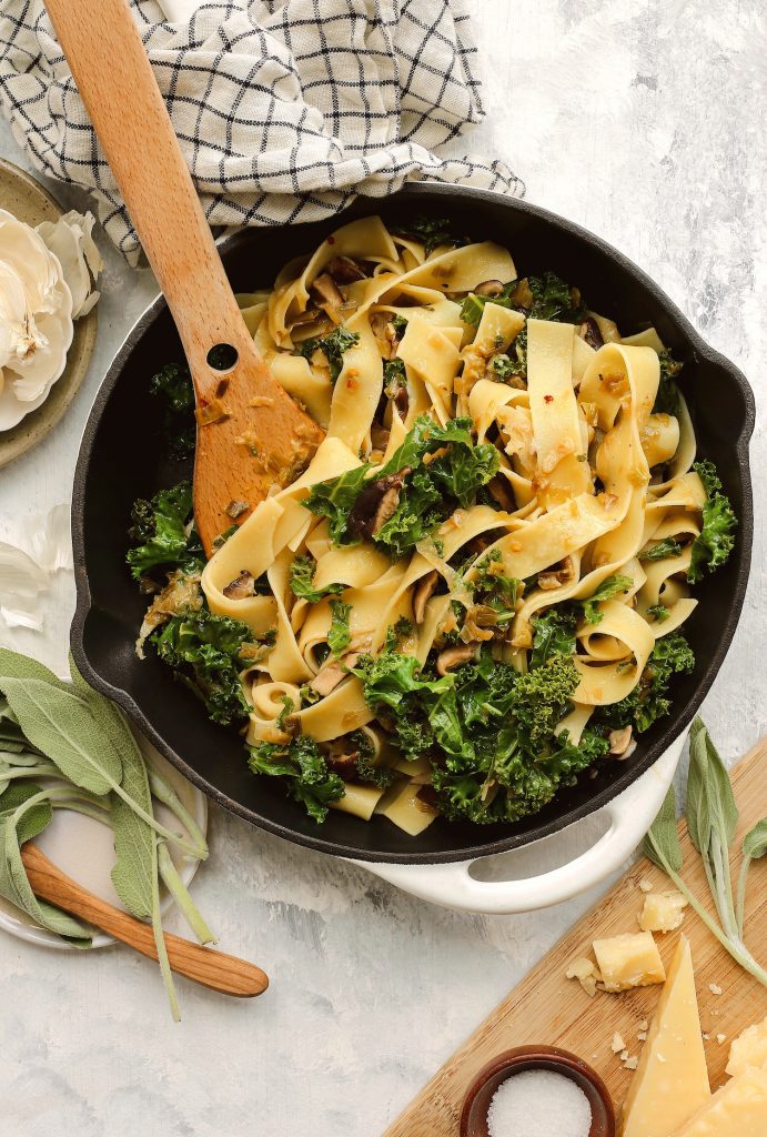 Pappardelle with Shiitake Mushrooms, Kale and Jammy Leeks
