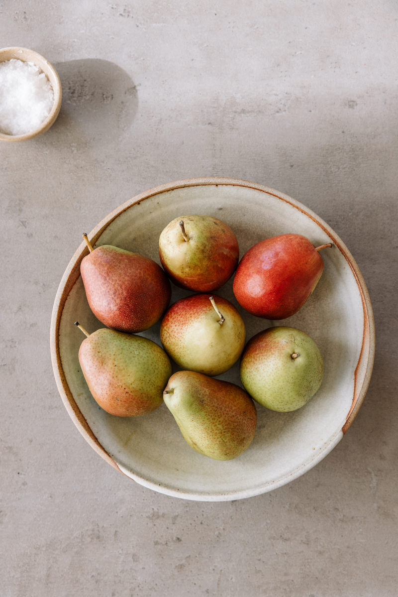 pears in casa zuma sharing bowl, winter produce, fruit