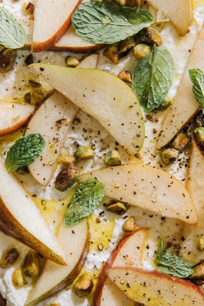 winter produce, fruit, ricotta board recipe with pears and pistachios