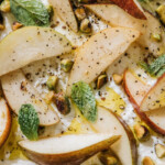 winter produce, fruit, ricotta board recipe with pears and pistachios