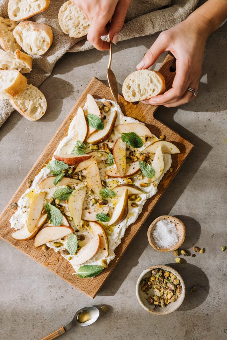 Ricotta board recipe with pears and pistachios on casa zuma gathering board.