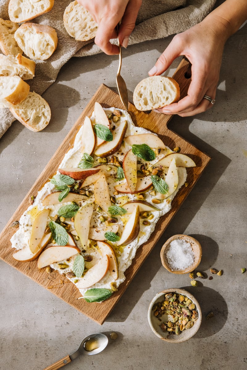 ricotta board recipe with pears and pistachios on casa zuma gathering board, fruit, winter appetizer_no-cook finger foods for parties