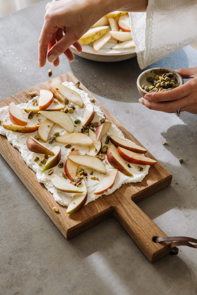 ricotta board recipe with pears and pistachios on casa zuma gathering board