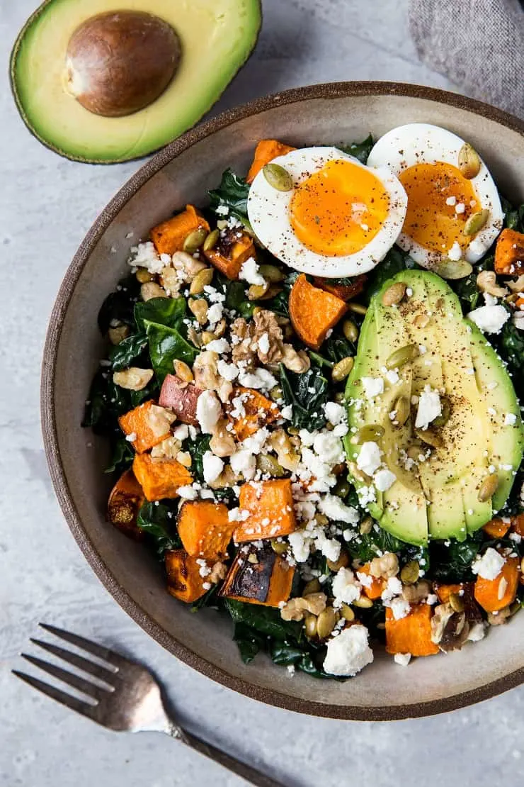 roasted sweet potato kale salad with avocado and jammy egg