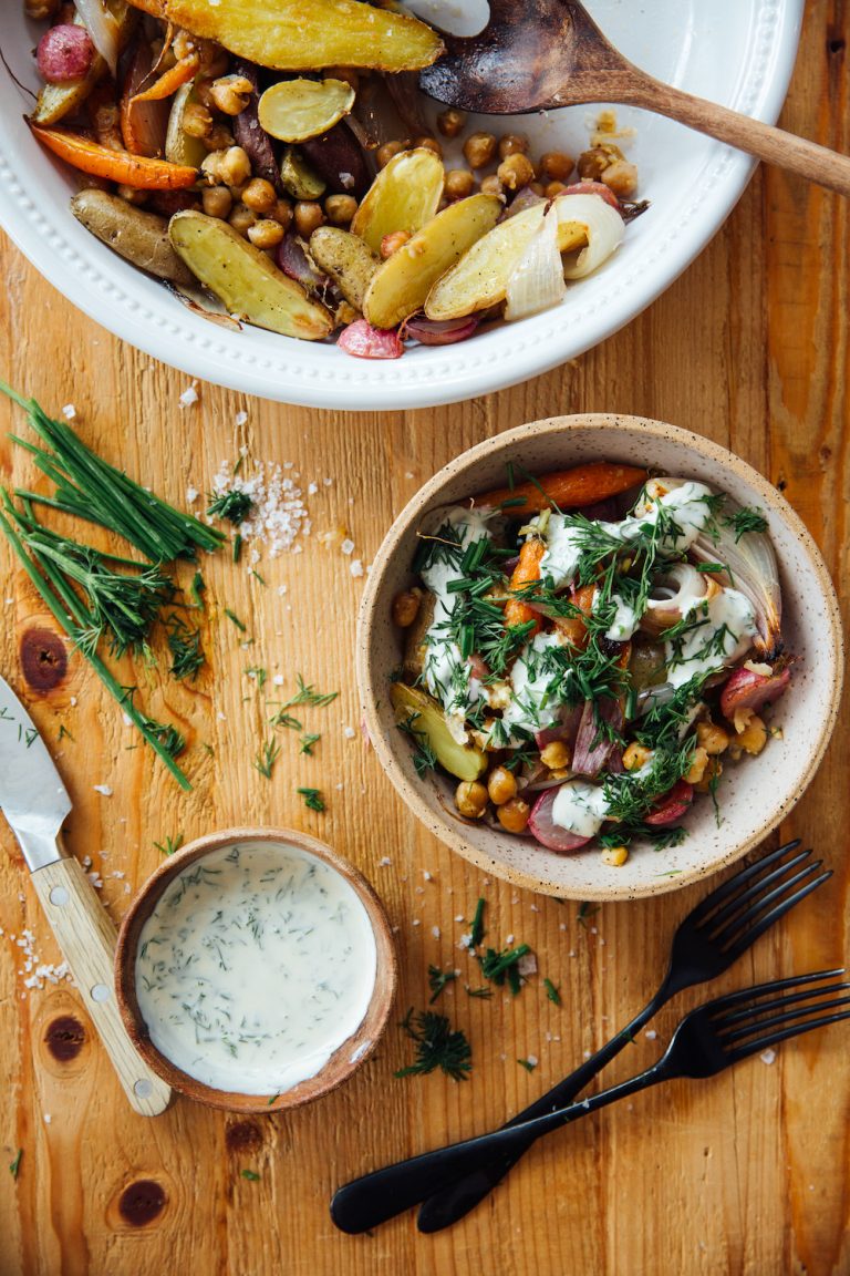 Sheet Pan Spring Veggie Bowl with Yogurt and Herb Dressing