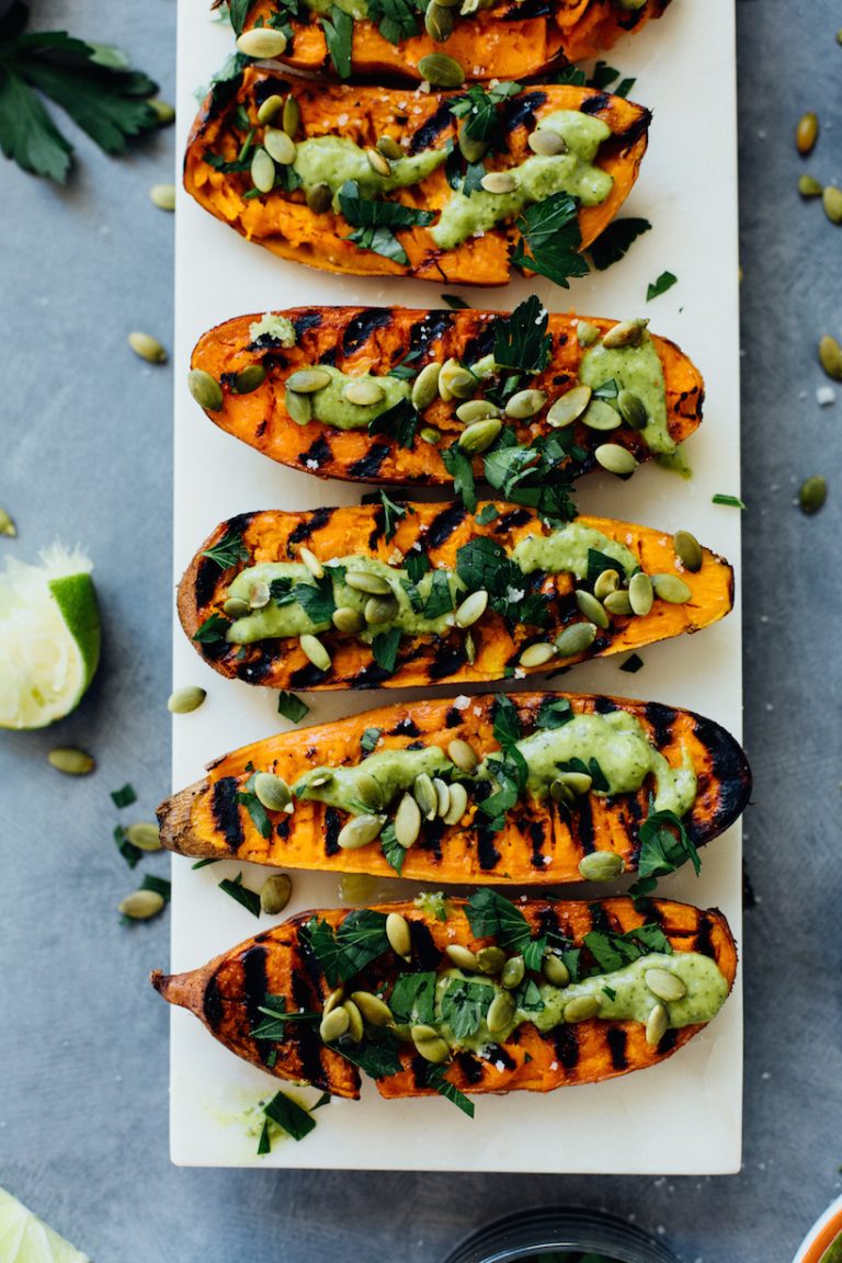 smashed grilled sweet potatoes with chimichurri