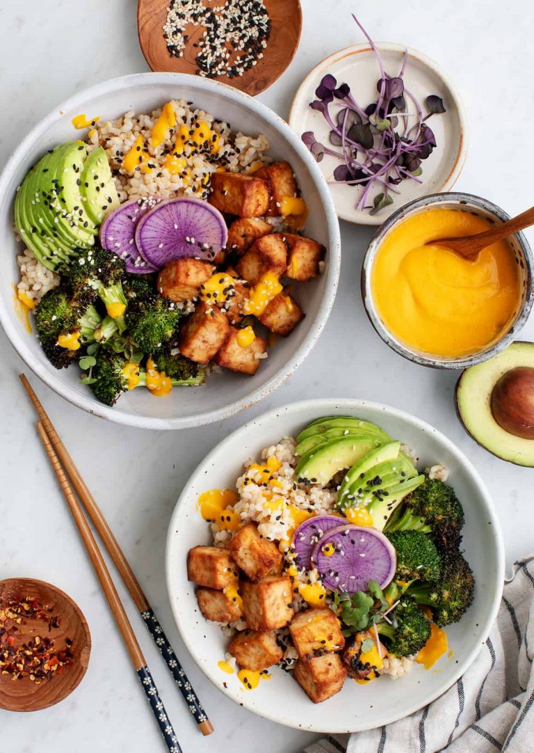 Tofu Broccoli Bowls with Carrot Ginger Dressing
