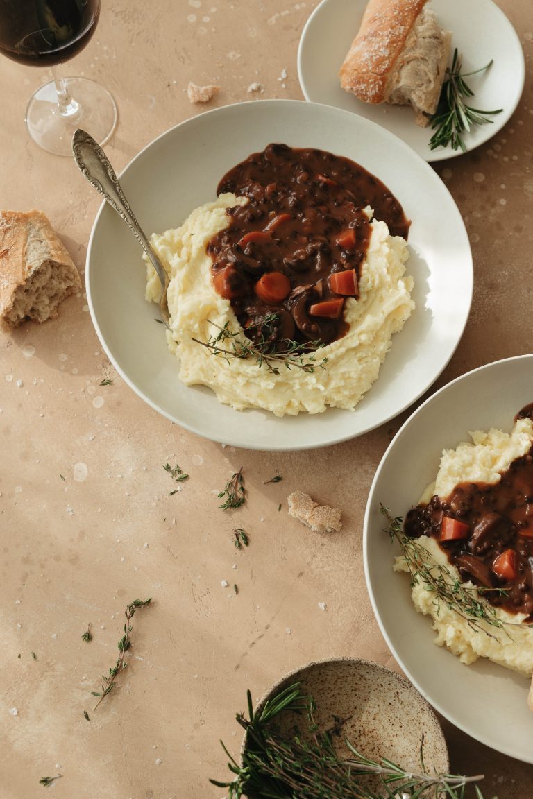 vegetarian coq au vin with lentils and potatoes