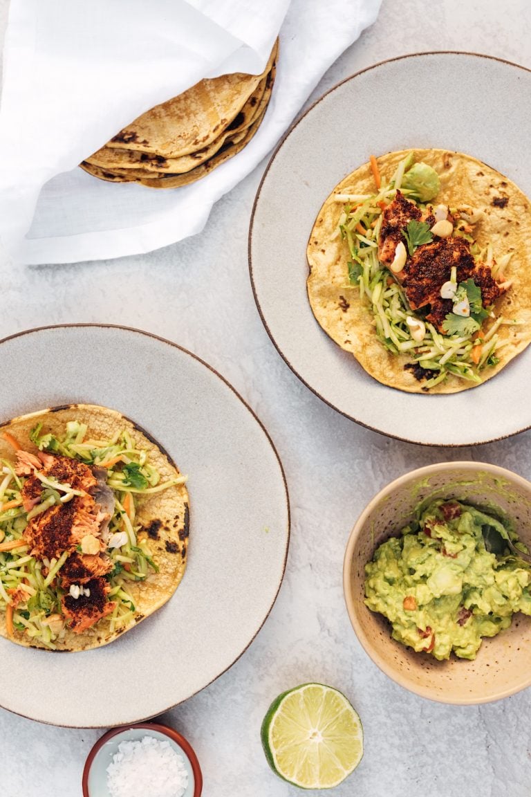 Easy salmon tacos with broccoli slaw