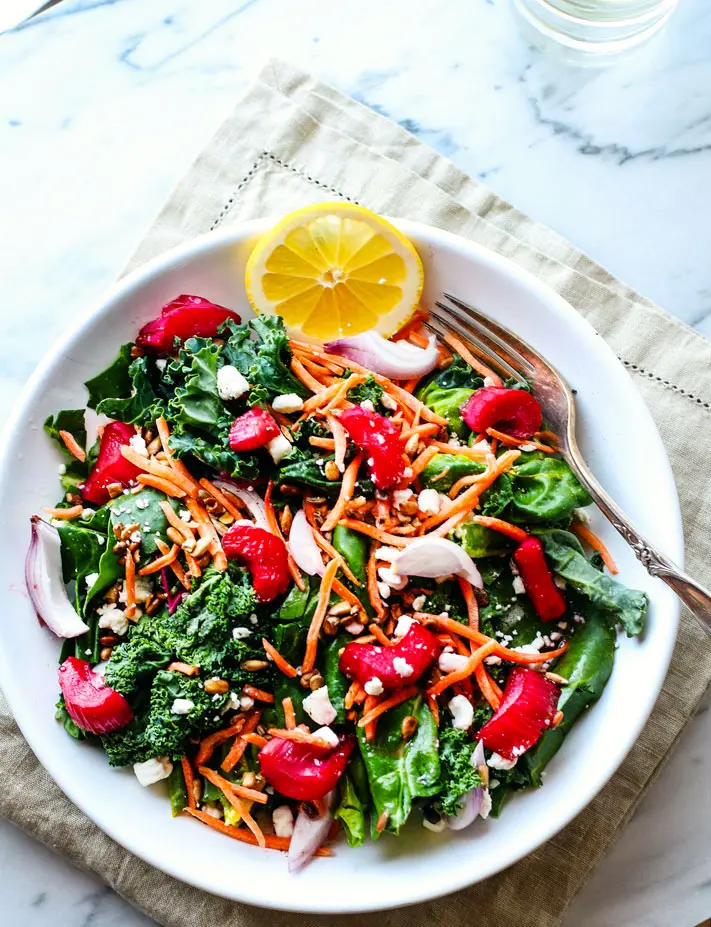 honey roasted rhubarb power greens salad_how to use rhubarb