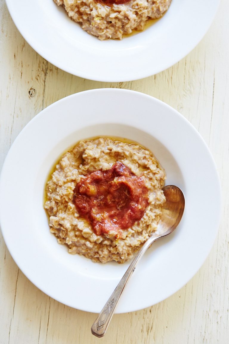 gluten-free creamy oatmeal with rhubarb and ginger preserves