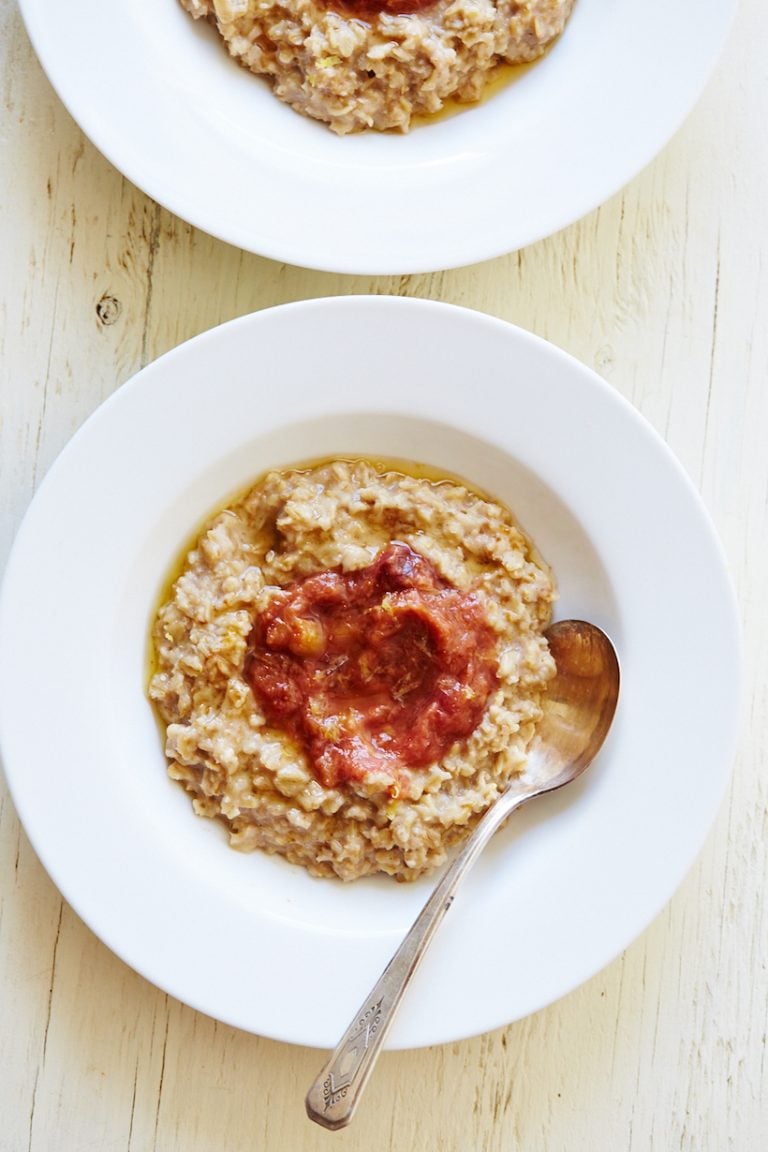 gluten-free creamy oatmeal with rhubarb and ginger preserves