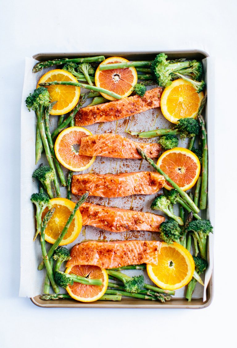 Roasted chilli orange salmon with garlic and green vegetables