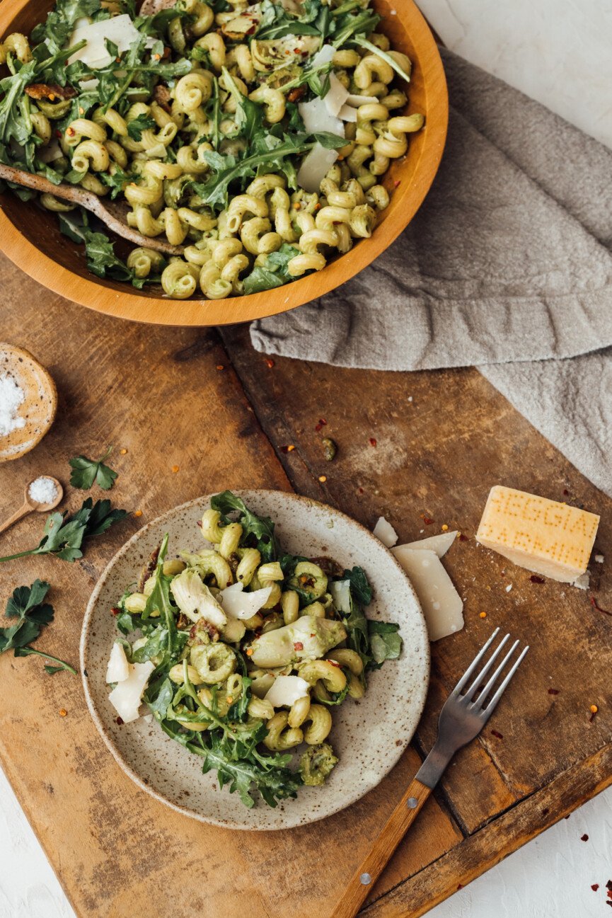 spring pasta salad with olives, lemon, and artichokes, casa zuma wood salad bowl, casa zuma plate