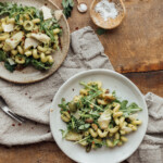 spring pasta salad with olives, lemon, and artichokes, casa zuma canyon ceramic plate