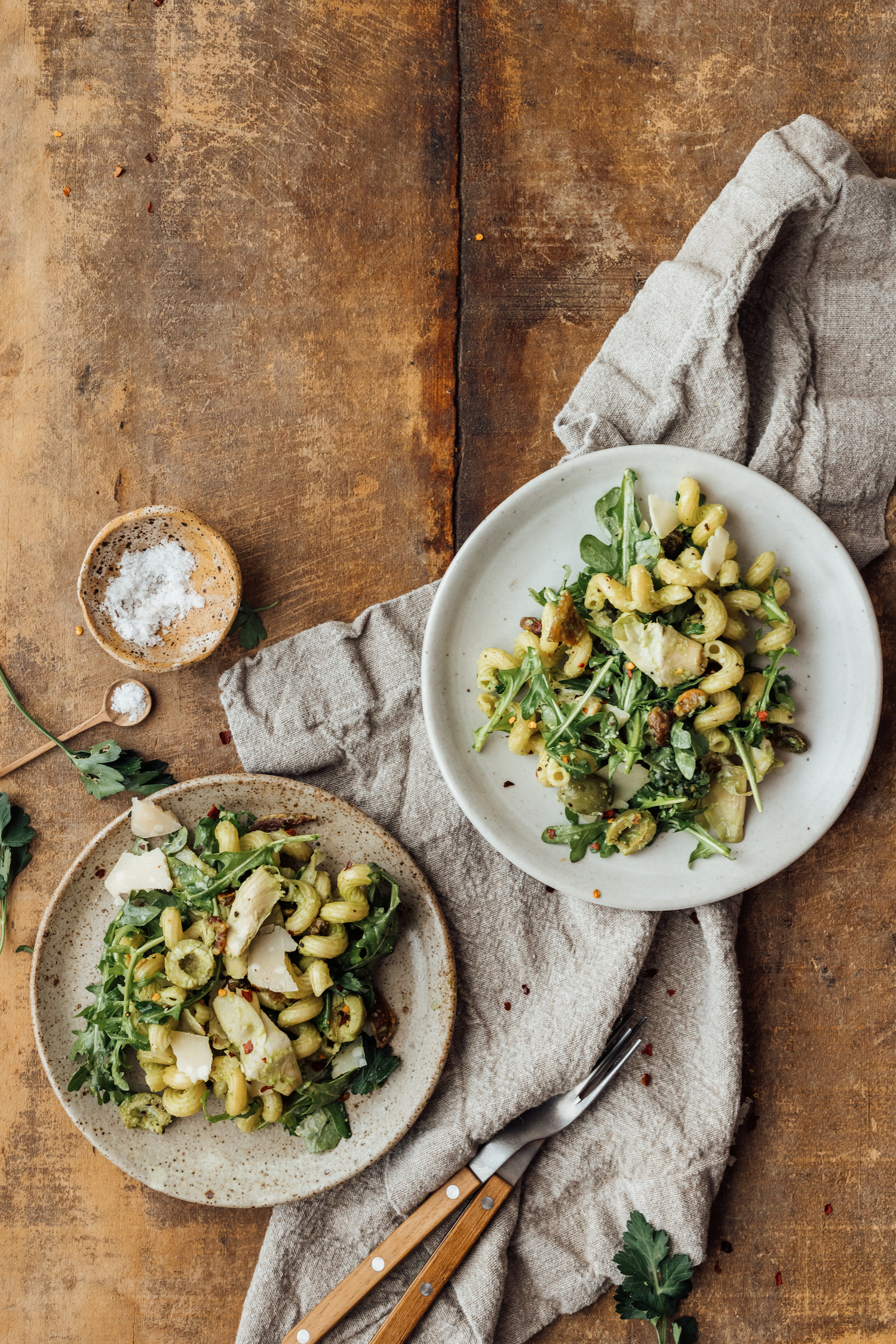 spring pasta salad with olives, lemon, and artichokes, casa zuma canyon ceramic plate