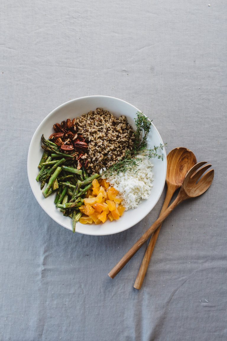 Asparagus, Quinoa and Rice Salad with Goat Cheese and Maple Tahini Dressing