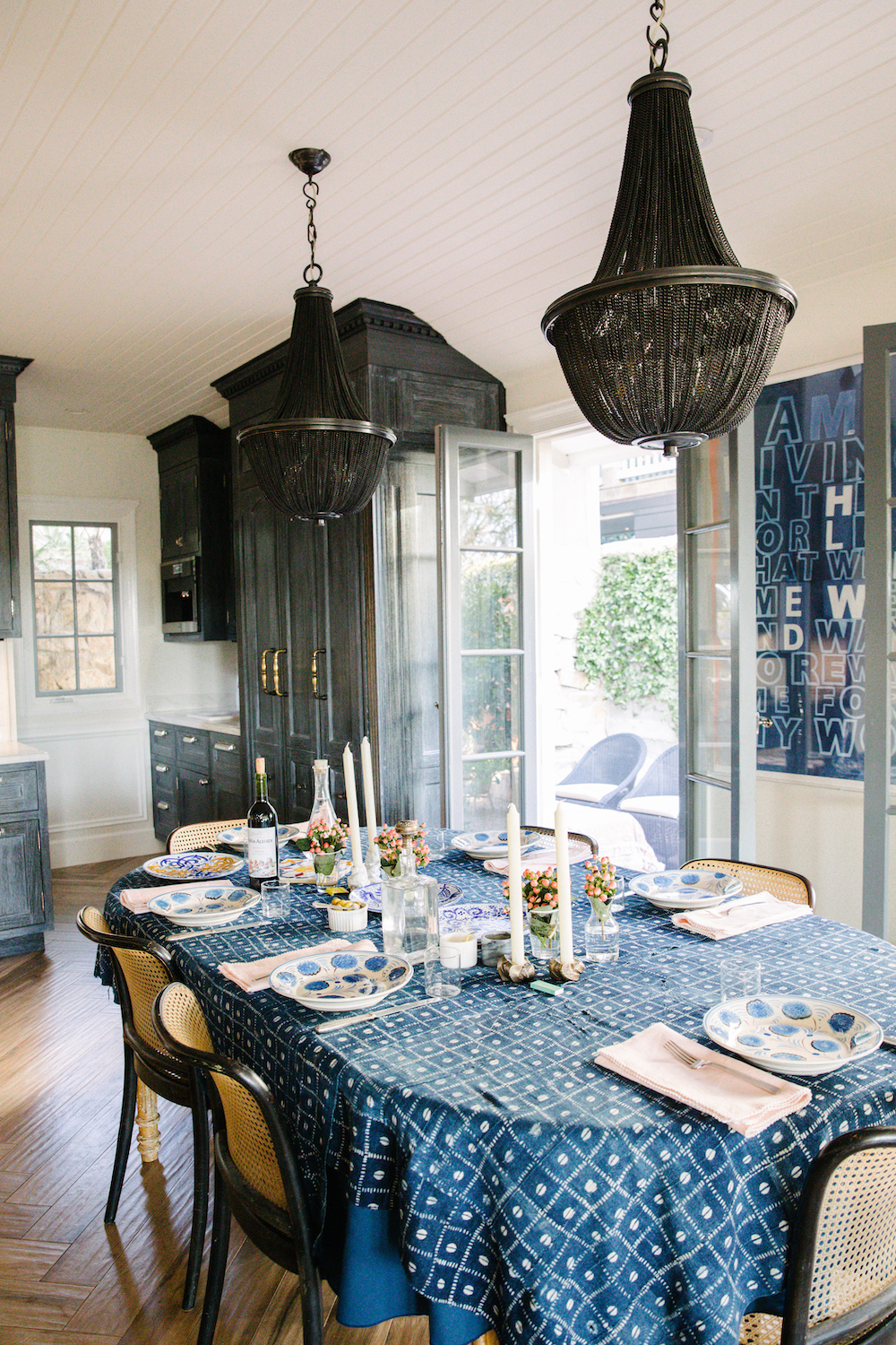 blue tablecloth and decor for a dinner party