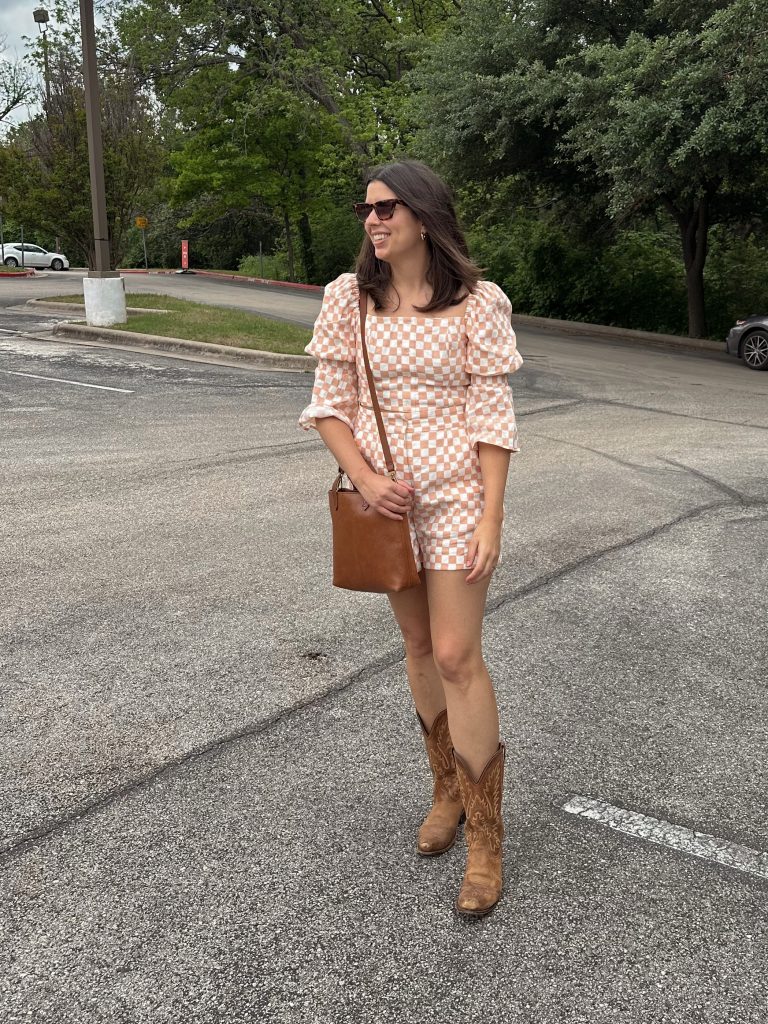 Brunch Outfit Ideas: Woman in matching gingham with cowboy boots
