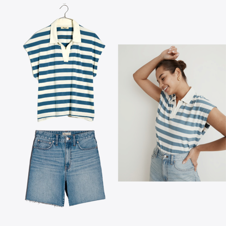 casual spring brunch outfit idea denim shorts striped shirt