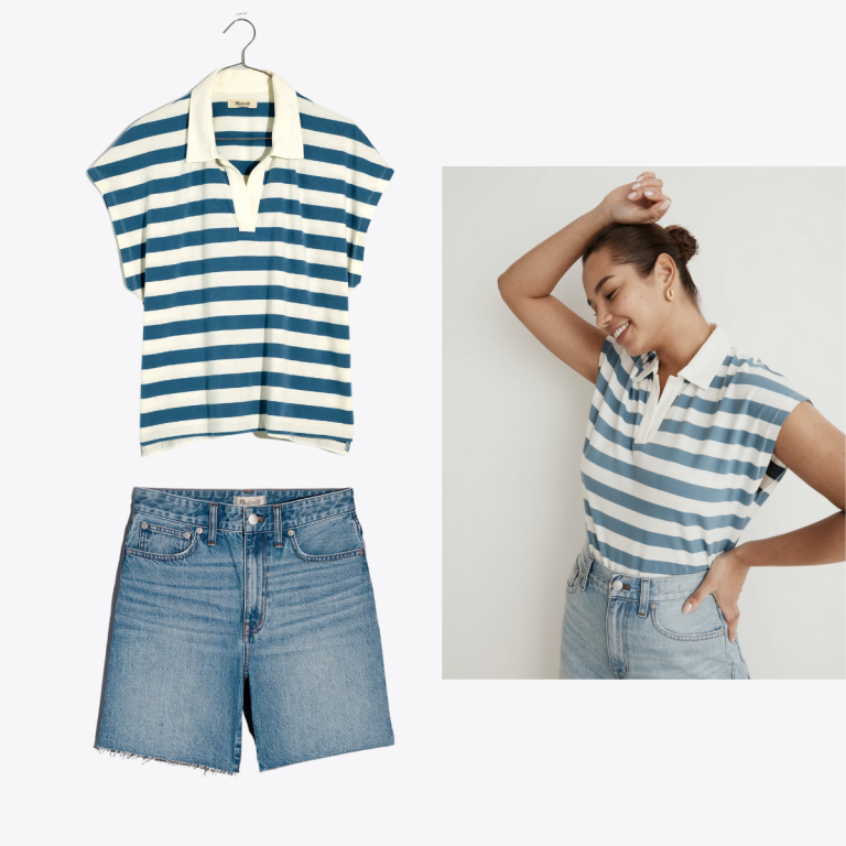 Lässige Frühlingsbrunch-Outfit-Idee, Jeansshorts, gestreiftes Hemd