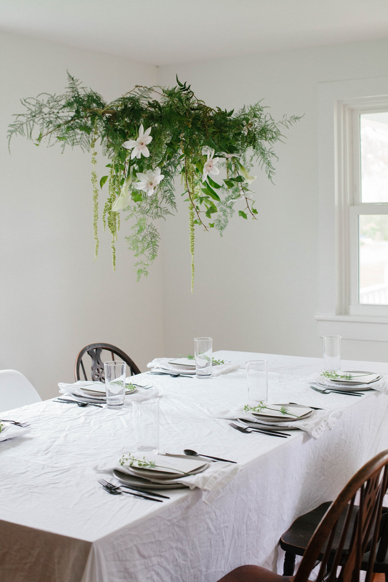 DIY Hanging Centerpiece With Greens and Spring Flowers