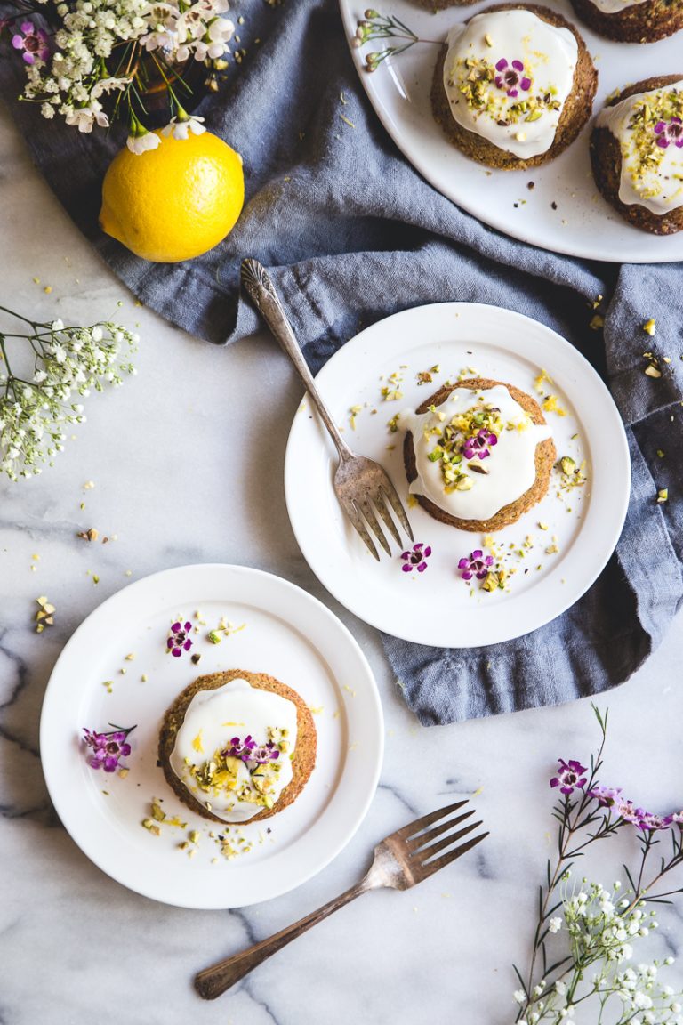 flourless pistachio cakes & honey-lemon yogurt glaze