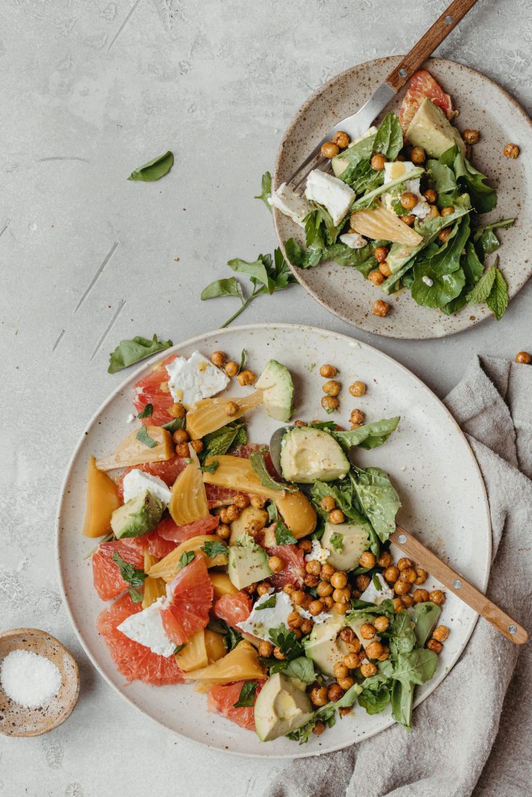 grapefruit avocado salad with golden beets, crispy chickpeas, and feta