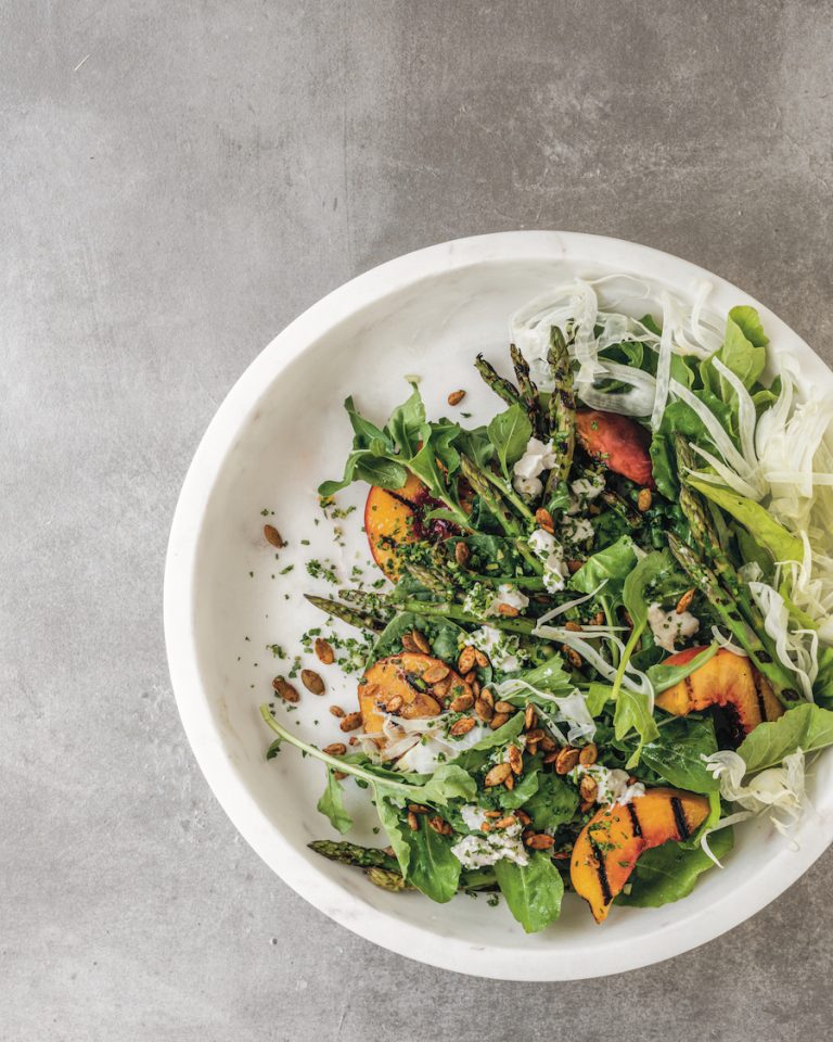 Grilled Peach and Asparagus Salad with Spicy Pepitas, Cashew Mozzarella and Goji Chipotle Dressing