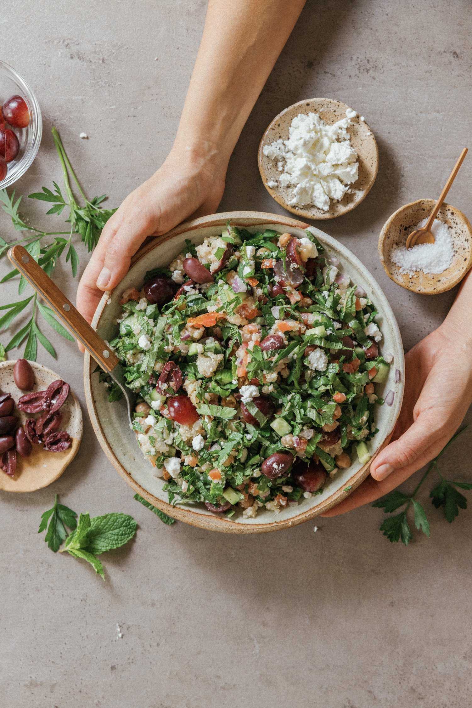 Mediterranean grain bowl with greek salad flavors - healthy easy lunch ideas