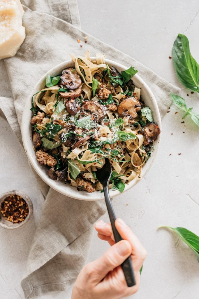 One Pot Garlicky Mushroom Pasta with Sausage & Arugula