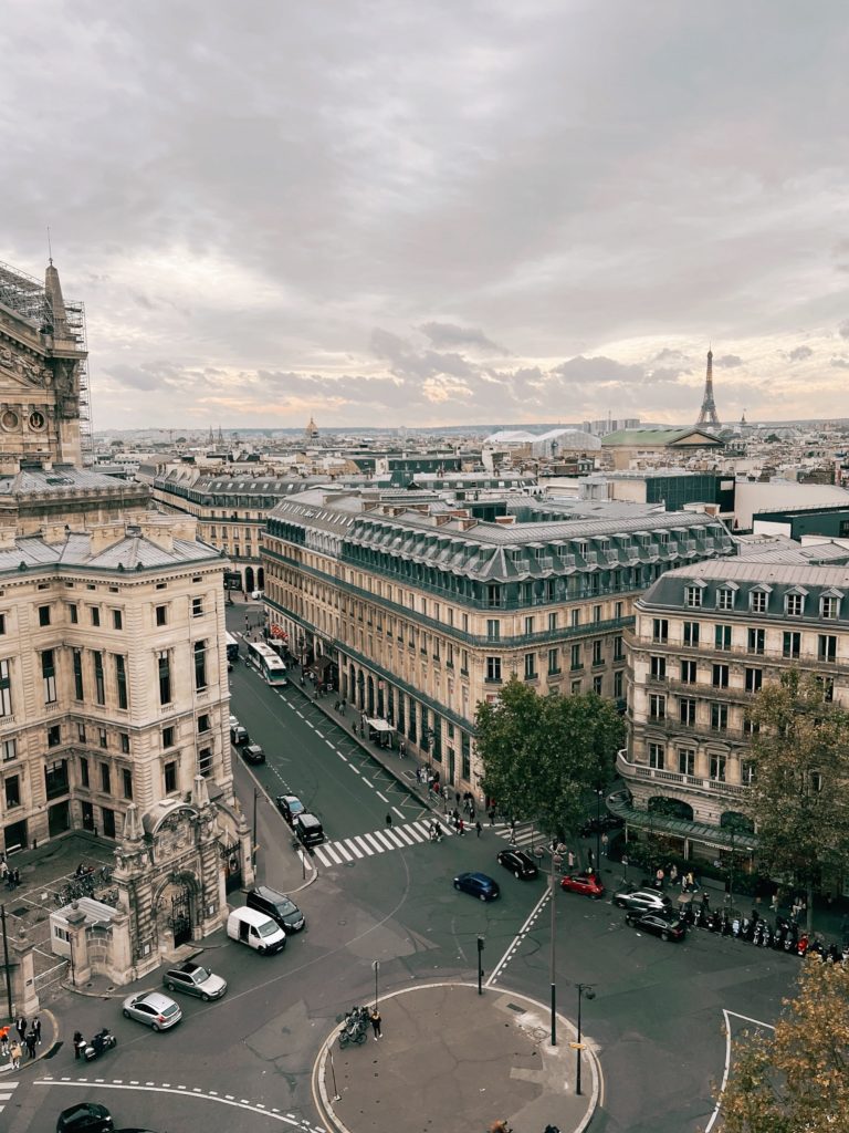 Aerial view of classic Haussman buildings and Eiffel Tower in Paris.