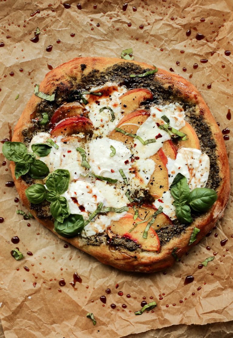 Peach, Pesto, and Balsamic Pizza