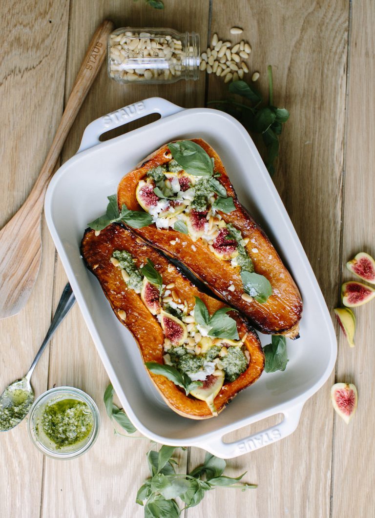 Roasted Butternut Squash Stuffed with Goat Cheese, Figs, and Pesto

