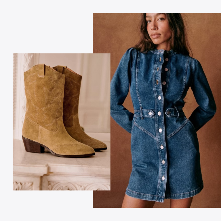 Frühlingsbrunch-Outfit-Idee, Jeanskleid, Cowboystiefel