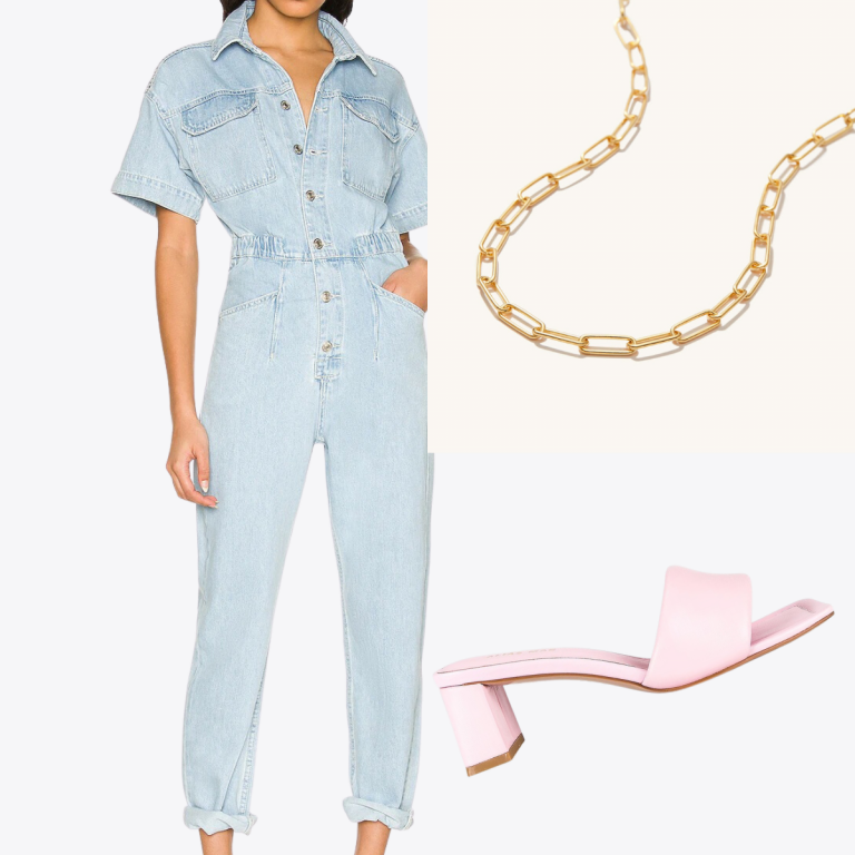 Frühlingsbrunch-Outfit-Idee, Denim-Jumpsuit, rosa Pantoletten