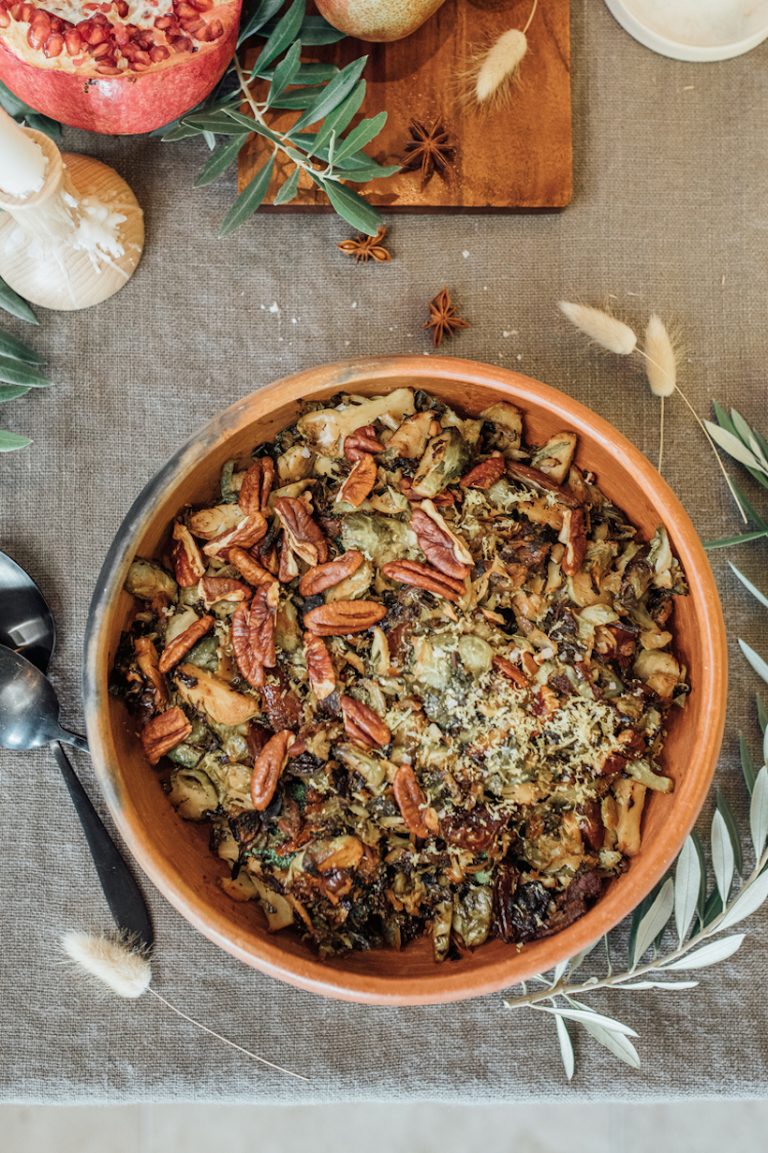 Sweet & Sour Cider Glazed Brussels Sprouts with Dates & Pecans