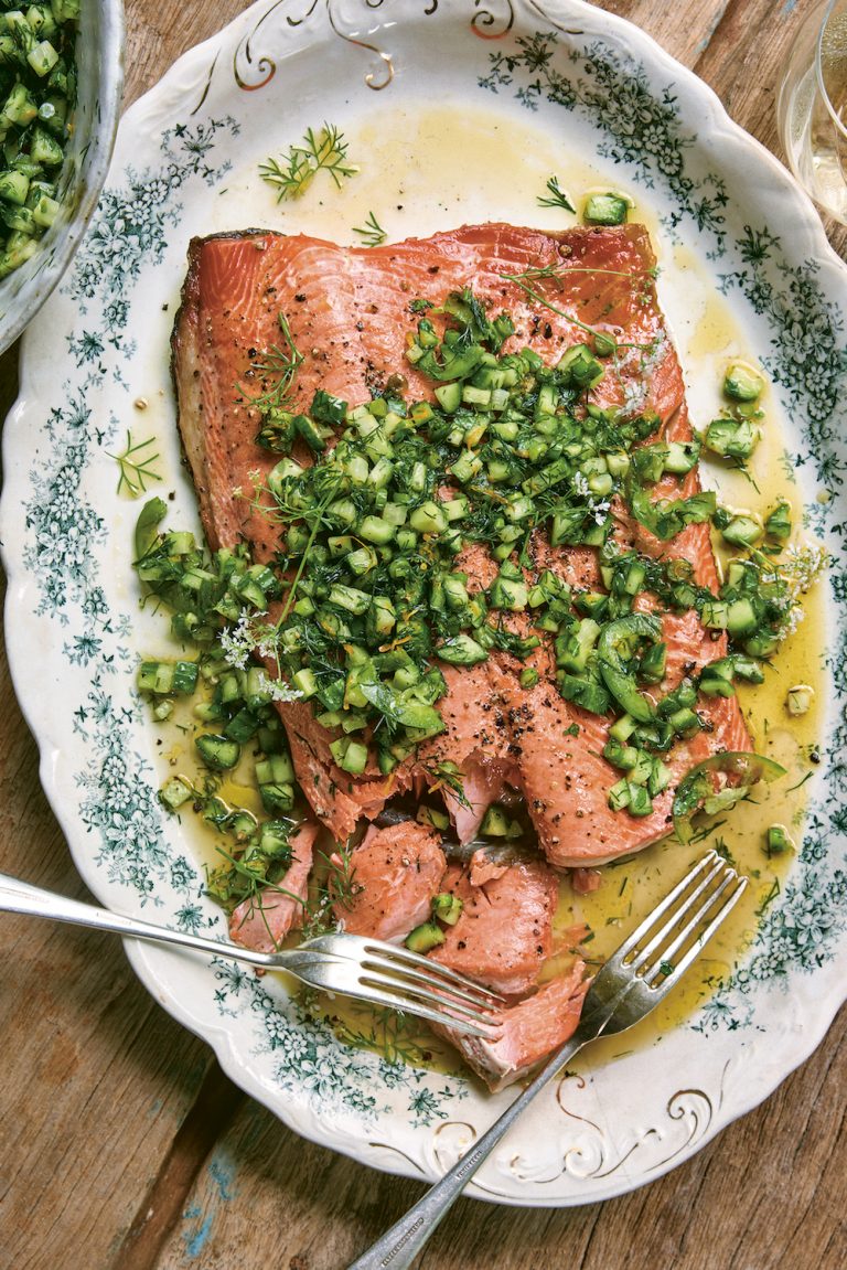 Roasted Salmon and Spicy Cucumber-Orange Salsa
