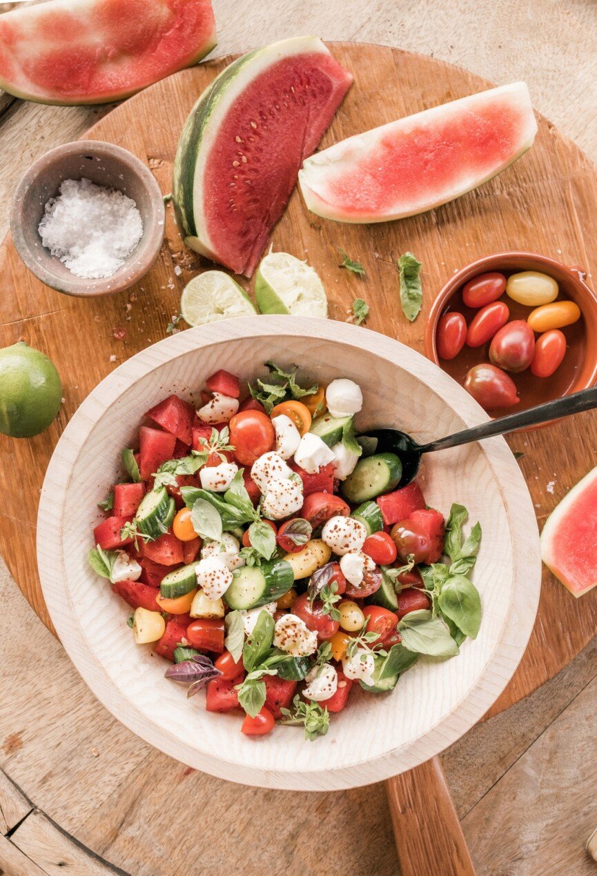 Watermelon tomato caprese salad