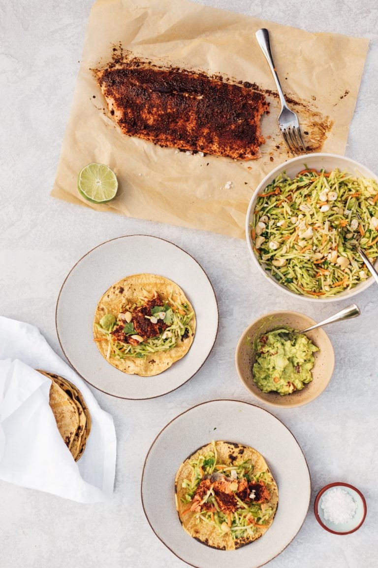 Chili-Rubbed Salmon Tacos With Cashew-Broccoli Slaw
