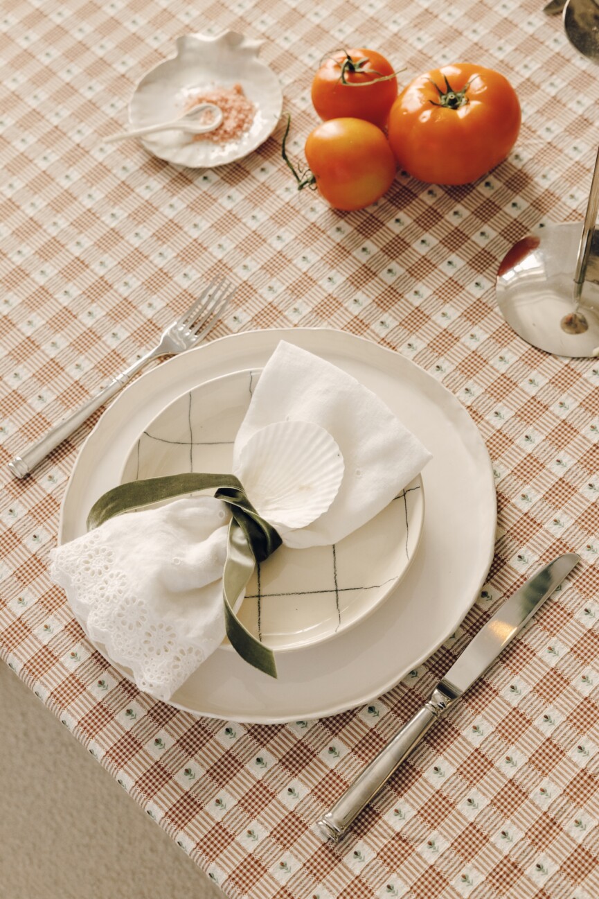 Patterned plate and a white napkin tied with green ribbon on a gingham tablecloth beside ripe tomatoes.