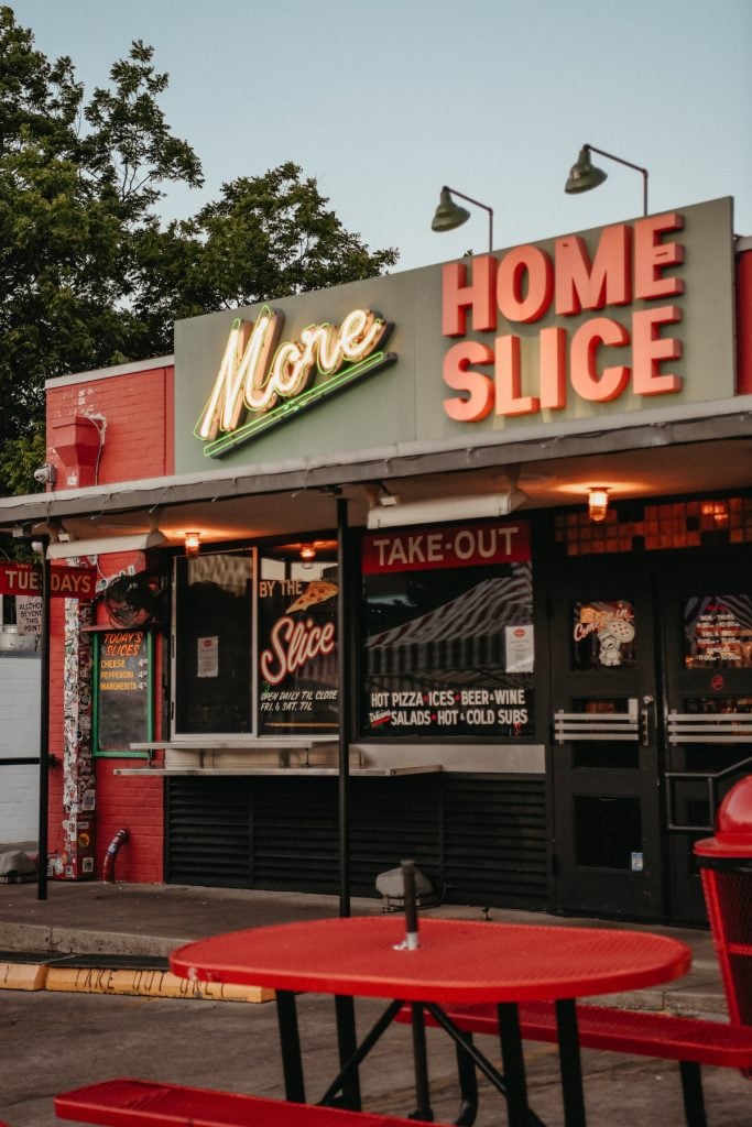 Exterior of Home Slice Pizza restaurant in Austin, Texas.