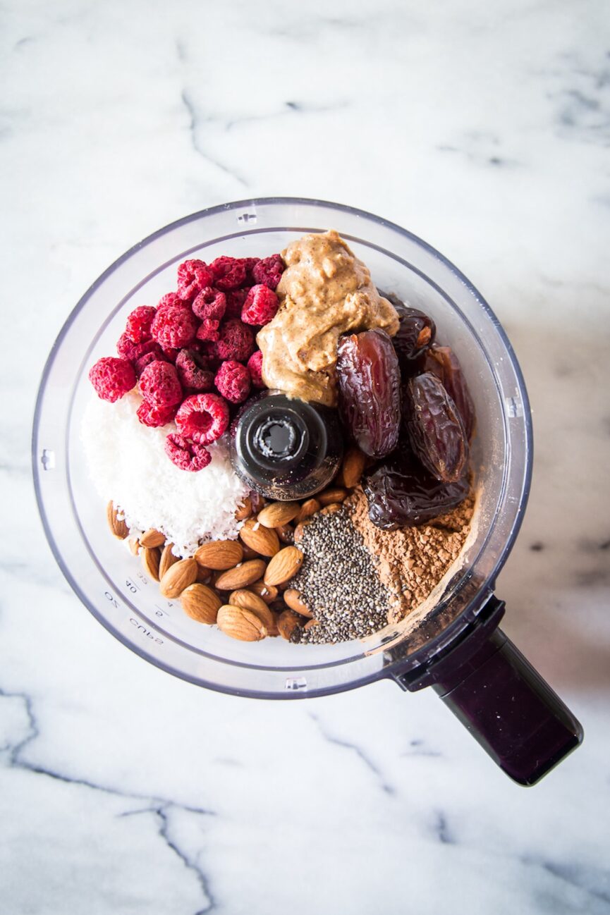 raspberry cocoa energy balls in food processor